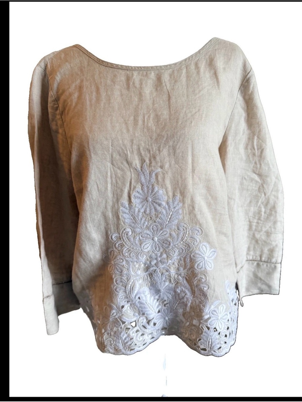 J. Crew 100% linen Embroidered floral eyelet blouse flax beige boho chic coastal